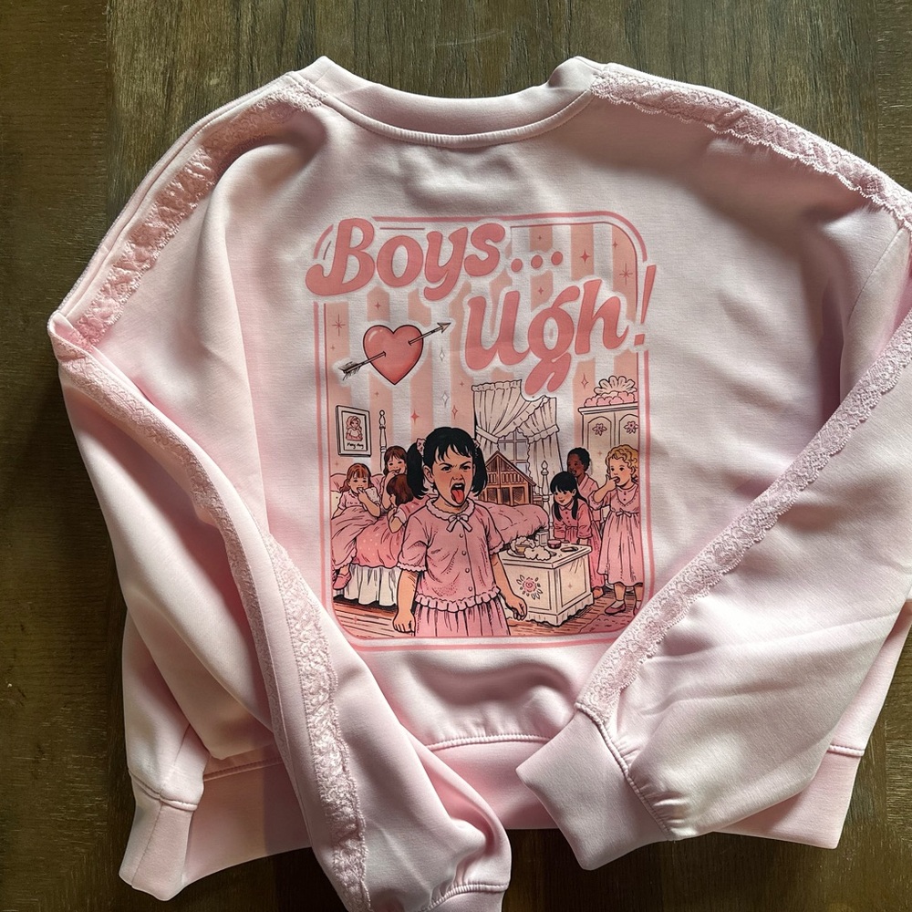 Pink Graphic Sweatshirt with Lace Detail